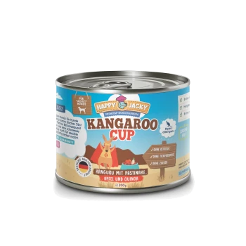 Eine Dose Happy Jacky Kangaroo Cup Hundefutter, mit einem Känguru-Maskottchen und gekennzeichnet als hypoallergen, getreidefrei und zuckerfrei.