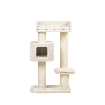 Ein beiger Katzenbaum mit einer gemütlichen oberen Plattform, einem würfelförmigen Versteck, einem Kratzbaum und einer Seitenplattform zum Entspannen.