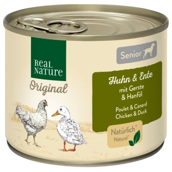 Dosen-Haustierfutter mit der Aufschrift "Real Nature Original" für Senioren, mit Huhn und Ente, Gerste und Hanföl, illustriert mit einem Huhn und einer Ente.