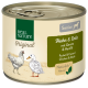 Dosen-Haustierfutter mit der Aufschrift "Real Nature Original" für Senioren, mit Huhn und Ente, Gerste und Hanföl, illustriert mit einem Huhn und einer Ente.