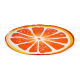 Rundes Haustierbett, das wie eine geschnittene Orange aussieht, mit lebhaften orangefarbenen und gelben Farben und detaillierten Fruchtsegmenten.