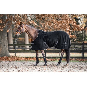 Ein braunes Pferd, das eine schwarze Equinate-Decke trägt, steht in einem sandigen Bereich, umgeben von Bäumen mit Herbstblättern.