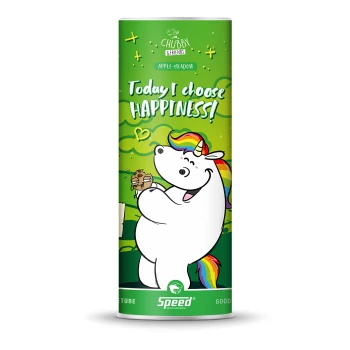 Ein bunter Tubus mit einem Cartoon-Einhorn mit einer Regenbogenmähne, das einen Keks hält, und dem Text "Heute wähle ich GLÜCK!" auf grünem Hintergrund.