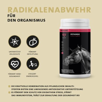 Pethorse Health 4607 Ergänzungsmittelbehälter mit einem Pferdebild, mit Vorteilen wie Zellschutz, Entgiftungsunterstützung, Herzgesundheit und Energieschub.
