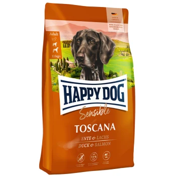 Happy Dog Sensible Toscana Hundefutterbeutel mit einem schwarzen Hund vor einer malerischen Kulisse, gekennzeichnet mit "Ente & Lachs", 11kg.