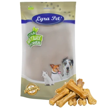 Verpackung von Lyra Pet Hundeleckerlis mit einem beigen Beutel, der das Etikett "Lyra Nature Power", Bilder eines Hundes und einer Katze sowie knochenförmige Leckerlis zeigt.