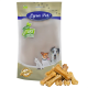 Verpackung von Lyra Pet Hundeleckerlis mit einem beigen Beutel, der das Etikett "Lyra Nature Power", Bilder eines Hundes und einer Katze sowie knochenförmige Leckerlis zeigt.