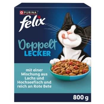 Purina Felix Katzenfutterkarton: lächelnde schwarz-weiße Katze, Futterschüssel, sichtbarer Text 'Doppelt Lecker' und '800 g'.