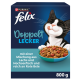 Purina Felix Katzenfutterkarton: lächelnde schwarz-weiße Katze, Futterschüssel, sichtbarer Text 'Doppelt Lecker' und '800 g'.