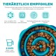 Haustierfutterschüssel, die dazu entworfen wurde, schnelles Essen zu verlangsamen, mit einem spiralförmigen Design, beschriftet 'Tierärztlich empfohlen' und Details zur BPA-Freiheit.