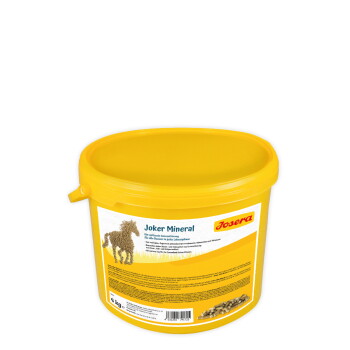 Gelber 4kg Behälter des Josera Joker Mineral Pferdeergänzungsfutters mit Pferdegrafik und Produktdetails auf Deutsch.