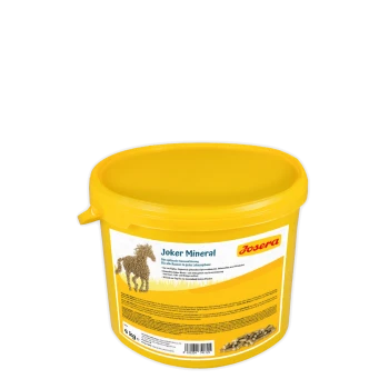Gelber 4kg Behälter des Josera Joker Mineral Pferdeergänzungsfutters mit Pferdegrafik und Produktdetails auf Deutsch.
