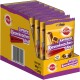 Verpackung von Pedigree Jumbone Riesenknocken Mini Hundeleckerlis, mit einer leuchtend gelben Box mit lila Akzenten, die 8 Packungen mit jeweils 4 Leckerlis enthält.