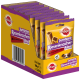 Verpackung von Pedigree Jumbone Riesenknocken Mini Hundeleckerlis, mit einer leuchtend gelben Box mit lila Akzenten, die 8 Packungen mit jeweils 4 Leckerlis enthält.