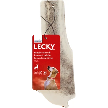 Ein großes "LECKY" Geweih-Kau-Spielzeug für Hunde, gekennzeichnet als 100% natürlich und geeignet für empfindliche Hunde, mit einem roten Etikett, das Hund- und Reh-Icons zeigt.