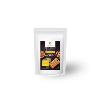 ® Haut und Fell Snacks - getreidefrei - 70 g Ein weißer wiederverschließbarer Beutel mit Haustiersnacks, gekennzeichnet mit "WILDFANG" und dem Text "SNACKS FÜR HAUT UND FELL" sowie Bildern der Snacks und Zutaten.