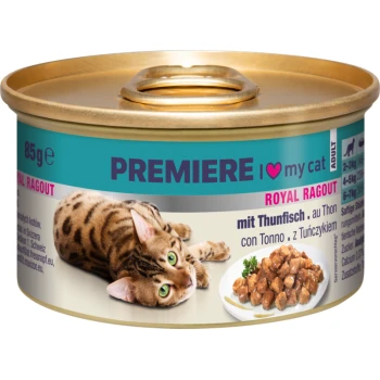 Dose Katzenfutter mit einer verspielten getigerten Katze auf dem Etikett, mit dem Text 'Premiere I ❤️ meine Katze' und 'Royal Ragout mit Thunfisch'.