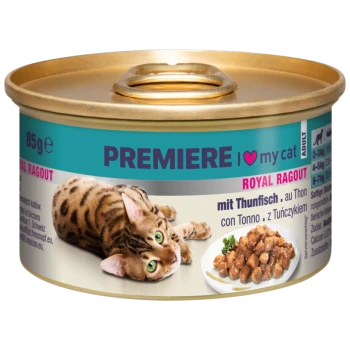 Dose Katzenfutter mit einer verspielten getigerten Katze auf dem Etikett, mit dem Text 'Premiere I ❤️ meine Katze' und 'Royal Ragout mit Thunfisch'.