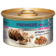 Dose Katzenfutter mit einer verspielten getigerten Katze auf dem Etikett, mit dem Text 'Premiere I ❤️ meine Katze' und 'Royal Ragout mit Thunfisch'.