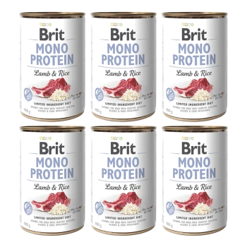 Sechs 400g Dosen Brit Mono Protein Hundefutter, "Lamm & Reis," für Hunde mit empfindlicher Verdauung und Nahrungsmittelunverträglichkeiten.