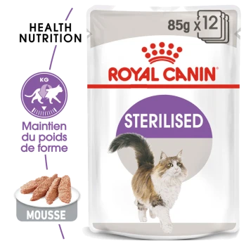Emballage de nourriture pour chat Royal Canin Stérilisé, 85g x 12 portions, avec une illustration de chat en course et le texte "Nutrition Santé".