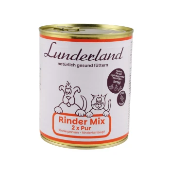 Eine Dose Hundefutter, beschriftet mit "boos Rinder - Mix" auf einem weißen Hintergrund mit orangefarbenen Akzenten, was darauf hinweist, dass es sich um ein Ergänzungsfutter für Hunde handelt.