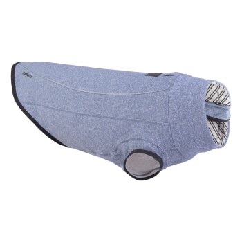 Eine blaue Hundejacke mit einem strukturierten Muster, mit einem schwarzen Rand und einem weichen Innenfutter. Die Marke "Ruffwear" ist an der Seite sichtbar.