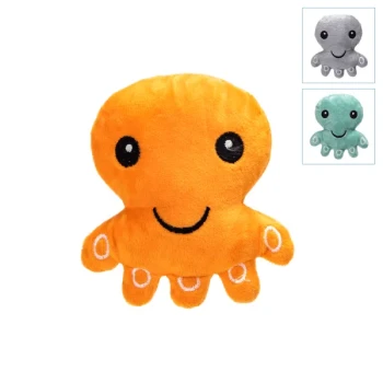 Plüsch-Oktopus-Tierspielzeug in Orange mit lächelndem Gesicht und bestickten Saugnäpfen, auch in Grau und Türkis gezeigt.