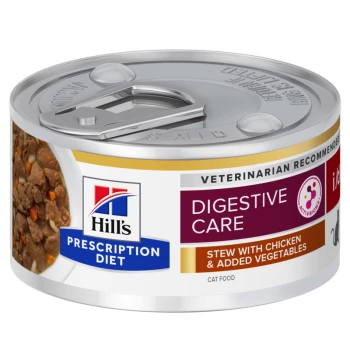 Hill's Prescription Diet Digestive Care Katzenfutterdose, mit einem Eintopf aus Huhn und zusätzlichen Gemüse, als vom Tierarzt empfohlen gekennzeichnet.