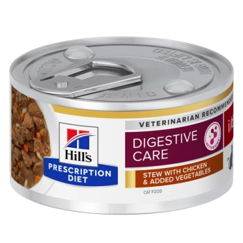 Hill's Prescription Diet Digestive Care Katzenfutterdose, mit einem Eintopf aus Huhn und zusätzlichen Gemüse, als vom Tierarzt empfohlen gekennzeichnet.