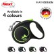A black flexi retractable dog leash with a green accent, featuring a logo and a clip. Text states "Available in 4 colours" and "BLACK DESIGN."