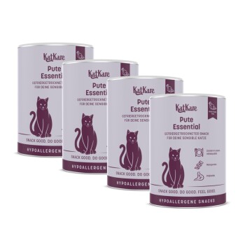 Vier KatKare 'Pute Essential' Dosen, violette hypoallergene gefriergetrocknete Katzensnacks mit Katzensilhouette und Schriftzug 'Snack Good'