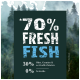 70% Frischer Fisch, 30% Früchte, Gemüse & wertvolle Zutaten, 0% Getreide, mit einem Waldhintergrund.