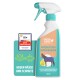 Weiße Sprühflasche mit der Aufschrift 'GREEN HERO Nature Knows Best' mit einem Pferd, das eine blaue Decke trägt, mit dem Text 'Pferdedeken Imprägnierung.'