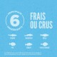 Illustration de six poissons : sardine, maquereau, merlu, sole, sébaste et faux flétan, avec "FRAIS OU CRUS" et des informations sur la réfrigération.