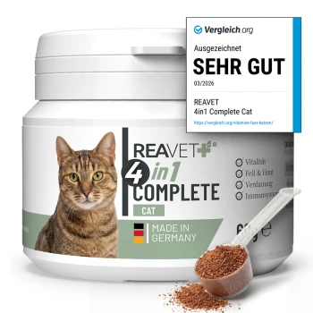 Behälter von REAVET 4 in 1 Komplett für Katzen, mit einer grauen Katze auf dem Etikett, mit dem Hinweis, dass es in Deutschland hergestellt wird und 60 g wiegt.