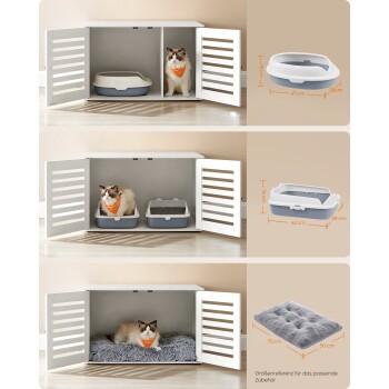 Ein weißer Haustier-Schrank mit drei Bildern einer Katze: eine neben einer Katzentoilette, eine auf einer Matte und eine auf einem grauen Bett. Abmessungen enthalten.