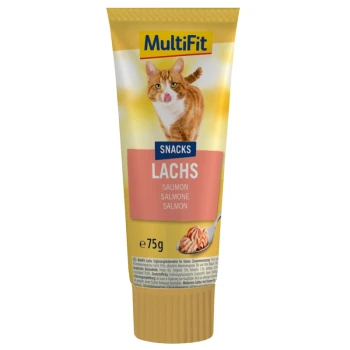 Tube mit MultiFit Katzenleckerlis mit einem Katzenbild, beschriftet "Snacks Lachs" mit "Salmon" auf Deutsch und Englisch, 75g.