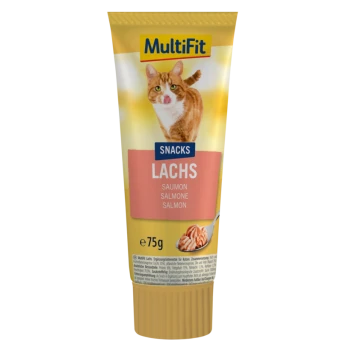 Tube van MultiFit katten snacks met een kattenafbeelding, gelabeld "Snacks Lachs" met "Zalm" in het Duits en Engels, 75g.