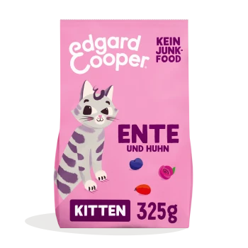 Sac de nourriture pour chat avec un chaton en dessin animé, étiqueté "Edgard Cooper," avec le texte "ENTE und HUHN" et "KITTEN 325g" sur un fond rose.