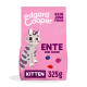 Sac de nourriture pour chat avec un chaton en dessin animé, étiqueté "Edgard Cooper," avec le texte "ENTE und HUHN" et "KITTEN 325g" sur un fond rose.