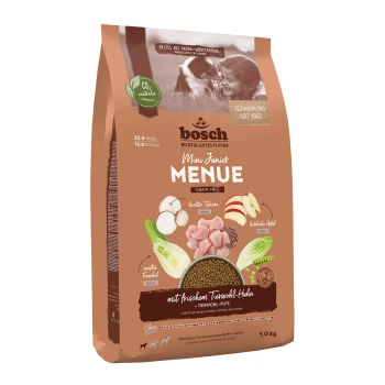 Bosch Mini Junior Menü Getreidefreies Hundefutter, 1 kg Beutel, mit Huhn, Truthahn, Äpfeln und Fenchel. 23% Protein, 12% Fett, aus artgerechter Haltung.