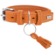 Oranges Leder-Hundehalsband mit weißen Nähten, silberner Schnalle und einem dekorativen Quasten. Verfügt über einen Metall-D-Ring zur Leinenbefestigung.