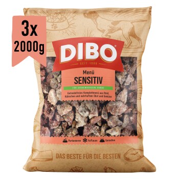 DIBO Menü-Sensitivity Hundefutterpaket, getreidefrei, 2000 g, mit einer Mischung aus Fleisch, Kartoffeln und Gemüse.