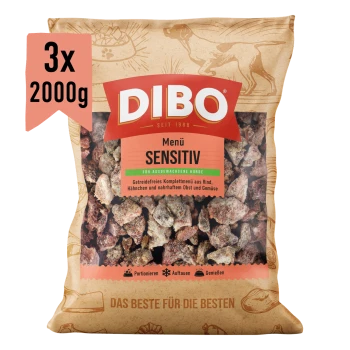 DIBO Menü-Sensitivity Hundefutterpaket, getreidefrei, 2000 g, mit einer Mischung aus Fleisch, Kartoffeln und Gemüse.