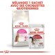 Emballage de nourriture pour animaux de compagnie Royal Canin présentant de la nourriture sèche "Feline Preference Protein Exigent" et de la nourriture humide "Instinctive", avec un appel à les mélanger.