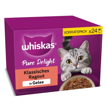 Whiskas Pure Delight-Box mit grau getigerter Katze und Schale, beschriftet 'Klassisches Ragout in Gelee' und 'VORRATSPACK x24'