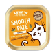 Lily's Kitchen Hühnerpaté für Katzen, mit einer Illustration einer weißen Katze auf orangefarbenem Hintergrund. Höhepunkte: "Natürlich", "Getreidefrei", "Kein Zucker."