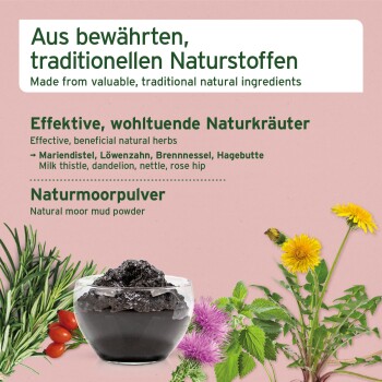 Schale mit dunklem Moor-Schlamm-Pulver mit Kräutern und Blumen; Text: 'Hergestellt aus wertvollen, traditionellen Naturzutaten'
