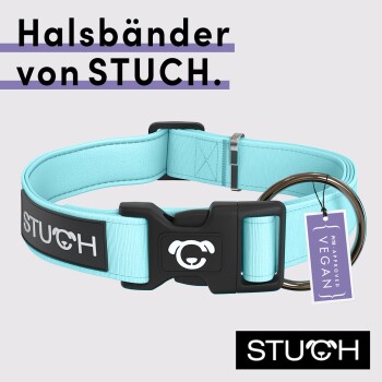 Ein hellblauer Hundehalsband mit einer schwarzen Schnalle, die ein Hundelogo zeigt, beschriftet mit 'Halsbänder von STUCH' und einem Etikett mit der Aufschrift 'PETA APPROVED VEGAN.'